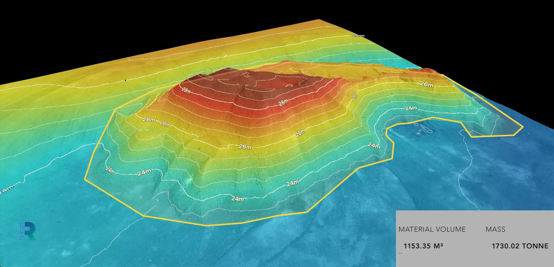 Volumetric analysis visualization showing stockpile measurements